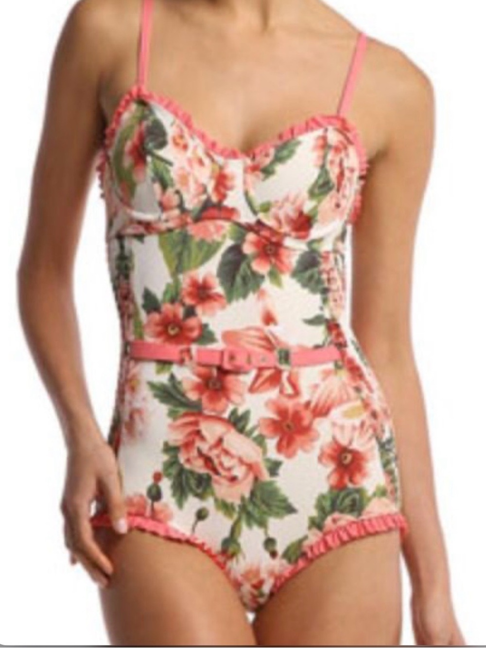 Floral vintage-inspired One-Piece Swimsuit with Pink Belt and Ruffle Trim